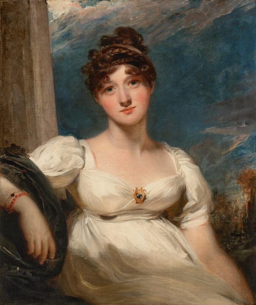 Portrait of Charlotte Augusta Oom, née Papendiek (1783-1854), half-length, in a white dress with a lyre-shaped brooch
