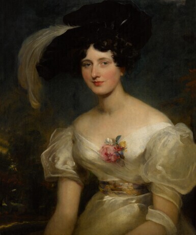 Portrait of Mrs. Hart Davis, half length, in a white gown with a gold sash and a black velvet hat