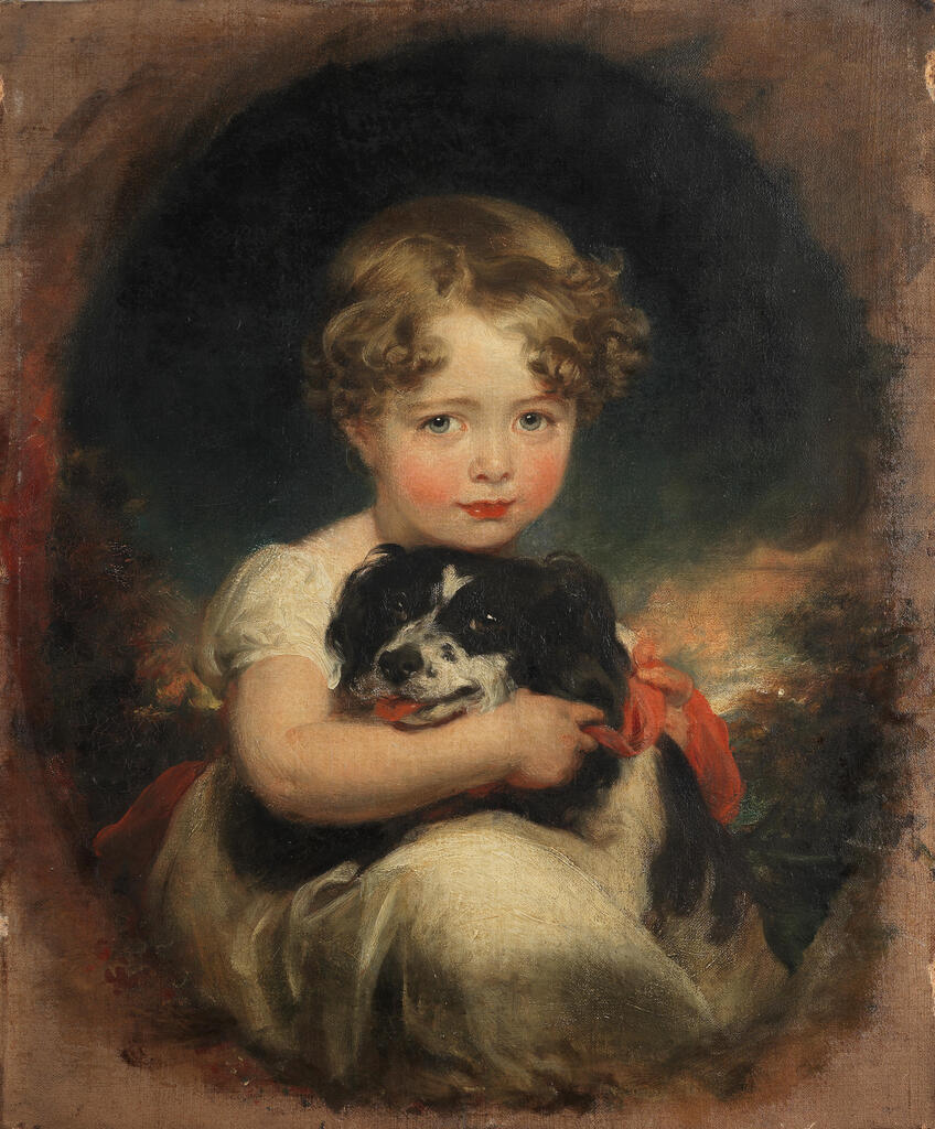 Portrait of Jane Allnutt with her pet spaniel, within a painted oval