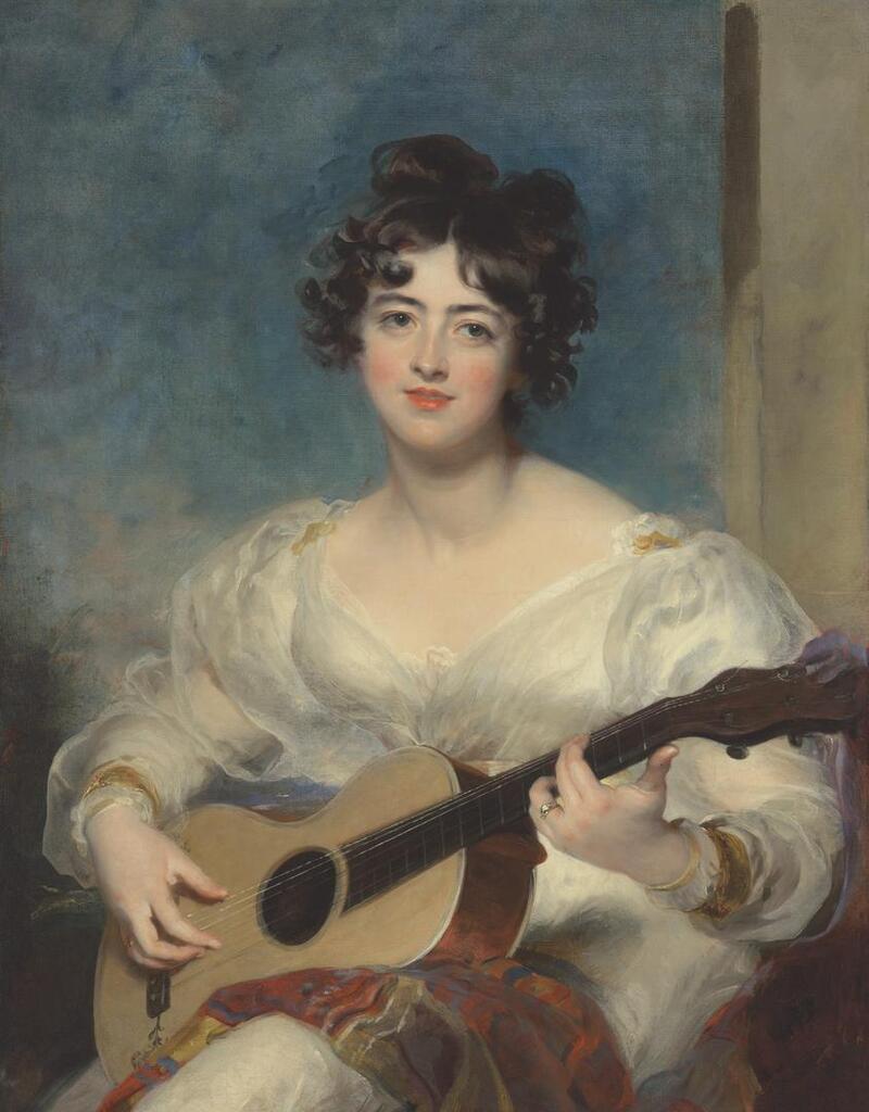 Portrait of Elizabeth Blake, Lady Wallscourt (1805-1877), three-quarter-length, playing a guitar