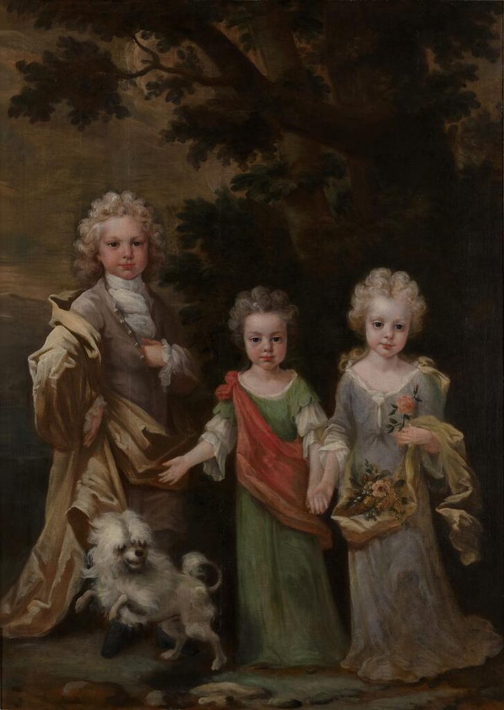 Portrait of Three Children with their Dog in a Landscape