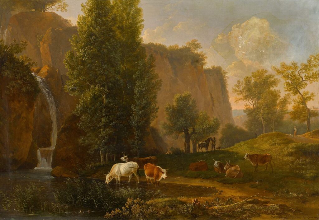 Landscape with a waterfall, figures and cattle