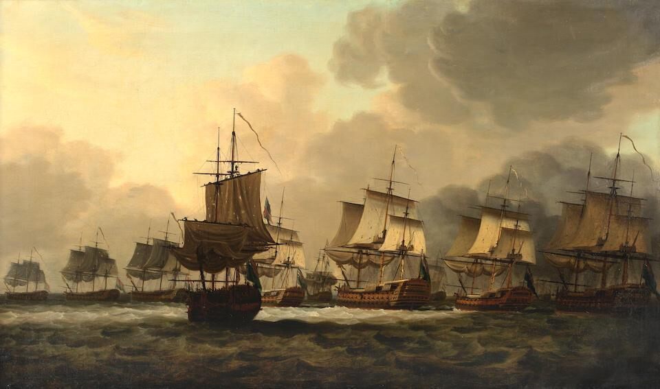 Vice-Admiral Parker's Action with the Dutch Fleet on the Dogger Bank, 1781, the opening manoeuvres, with warships in action to the right whilst the Dutch convoy runs for safety in the top left