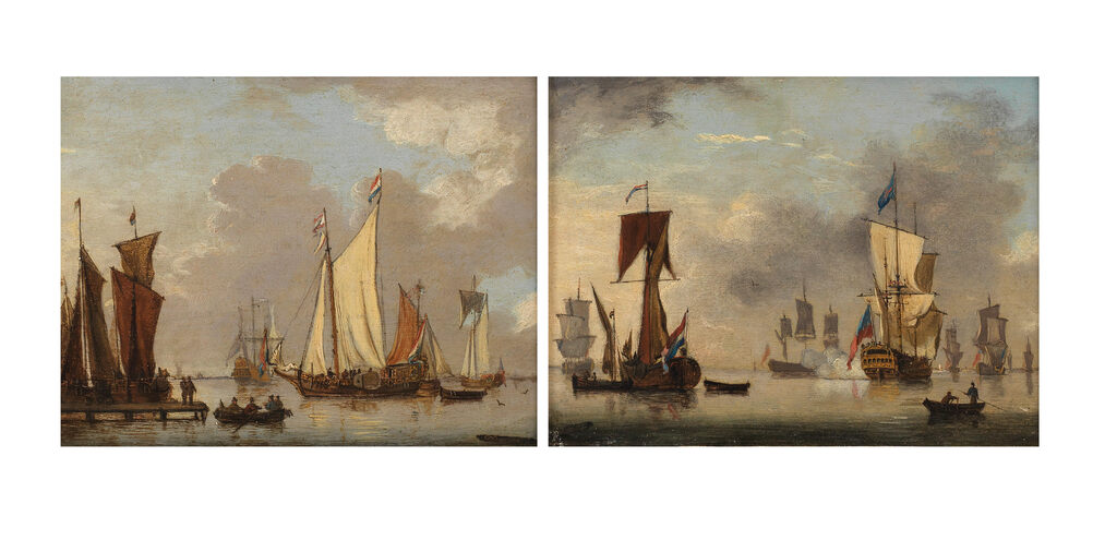 Shipping in calm waters, a flagship firing a salute; and Shipping in calm waters, with a jetty in the foreground (2)