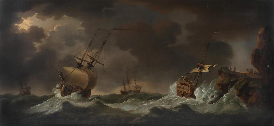 A squadron caught in a gale, with a ship-of-the-line foundering on the rocky shore
