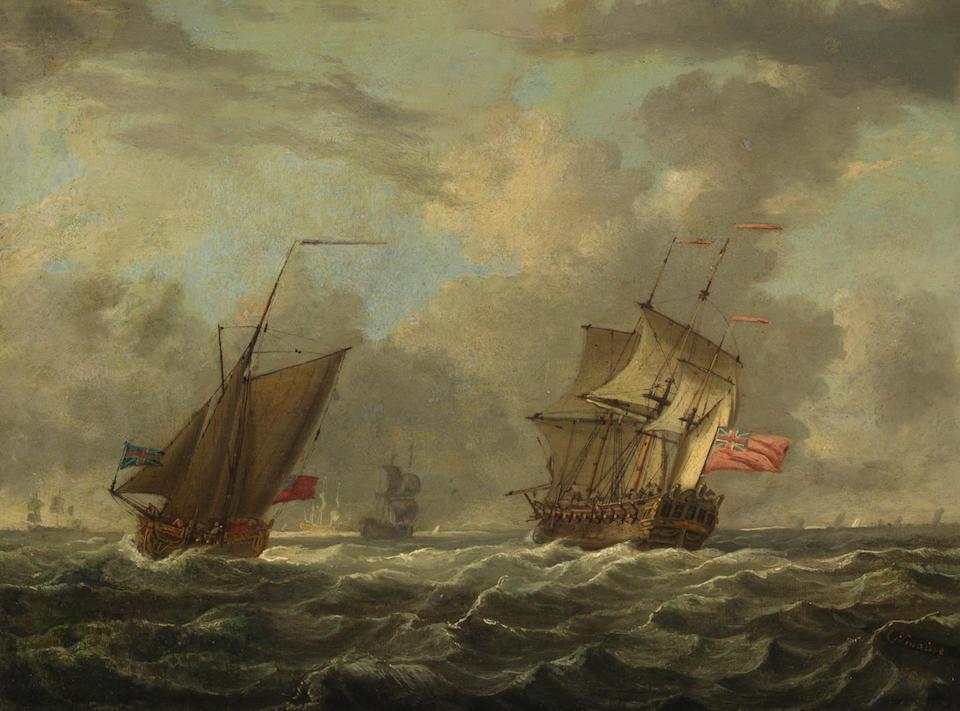 An English man-of-war and other shipping in choppy waters