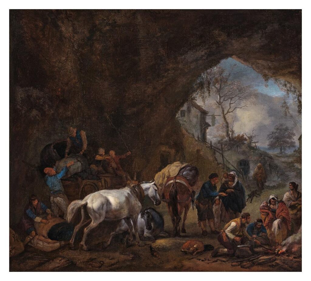 Grotto with Travelers Unloading a Wagon, a Fortune-Teller, a Blacksmith, and Other Figures