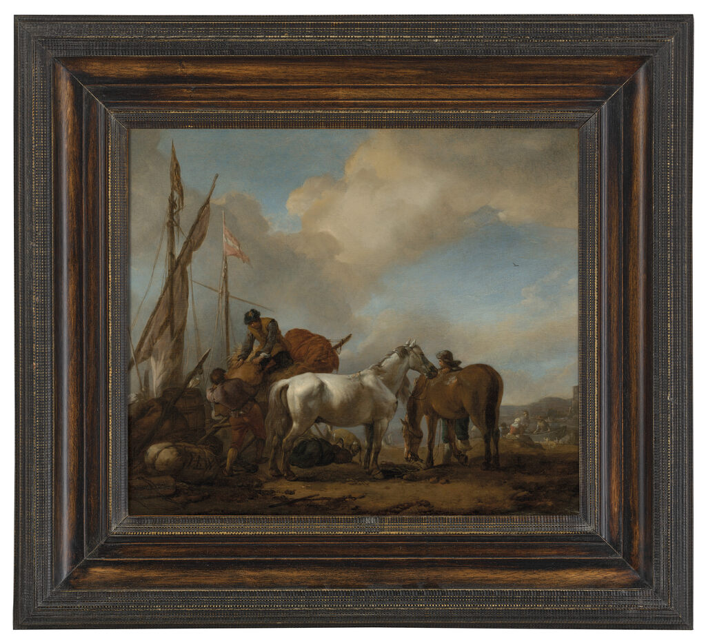 Horses in a landscape with figures loading bales onto a boat