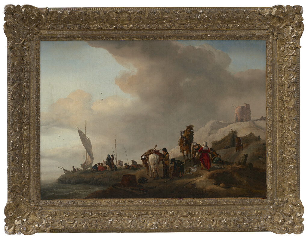 Fisherfolk unloading their catch on the seashore