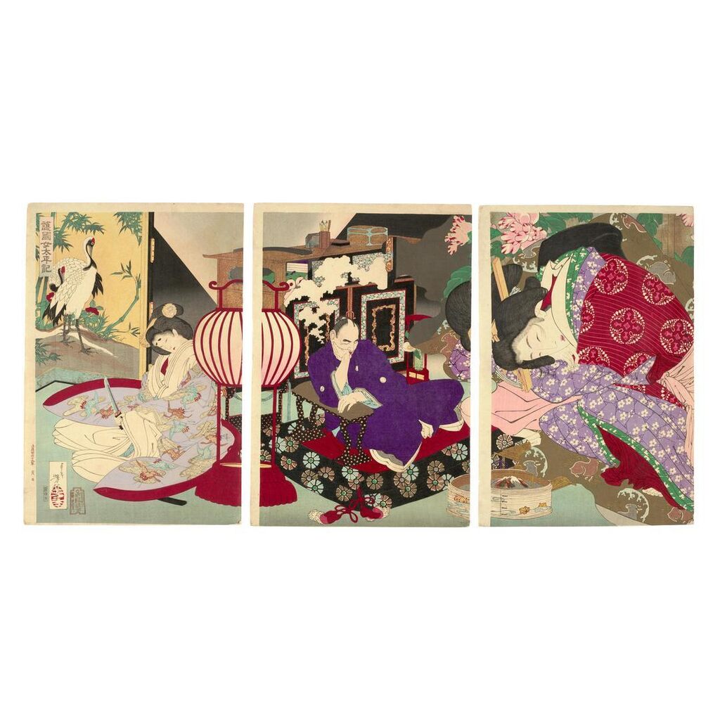 Gokokujo Taiheiki (A Woman Saving the Nation, from the Taiheiki Chronicle); Zen Taiheiki Sōma dairi no zu (The Palace at Sōma in the Earlier Taiheiki Chronicle)