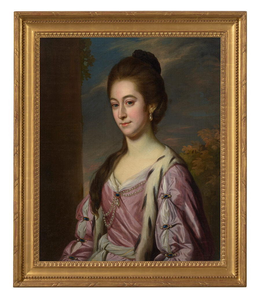 Portrait of Jane Cressett Pelham (1740-1820), née Hardinge, half-length, in a pink gown with a landscape beyond