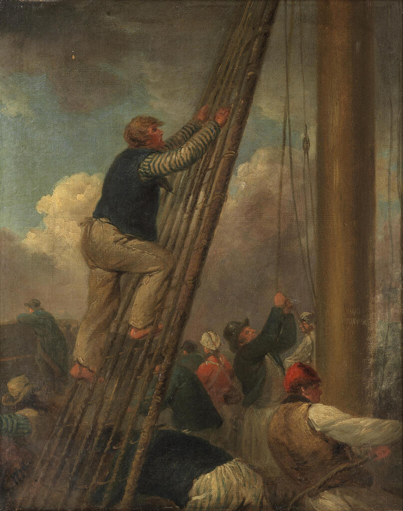 The busy deck of a ship with a sailor scaling the rigging