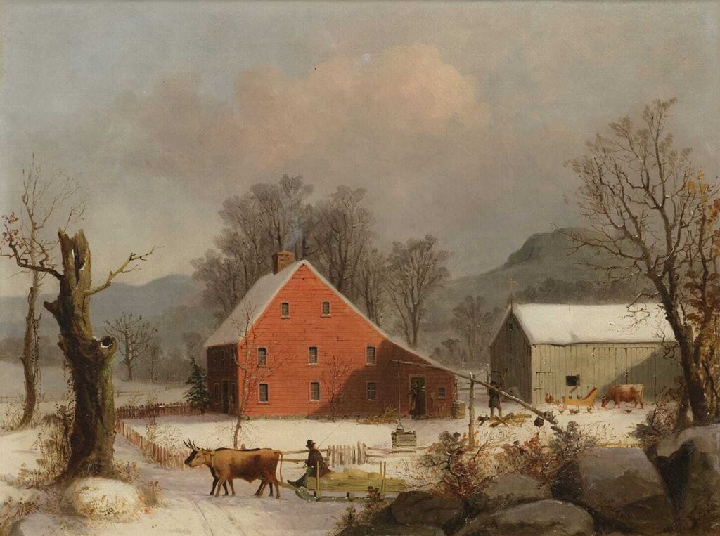 Winter Farmyard with Ox-Drawn Sledge