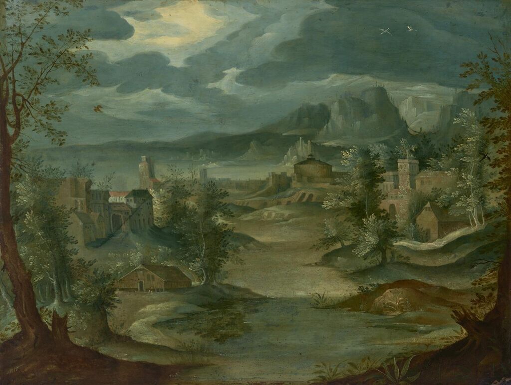 An extensive imaginary landscape with Italianate buildings by a river, a lake beyond