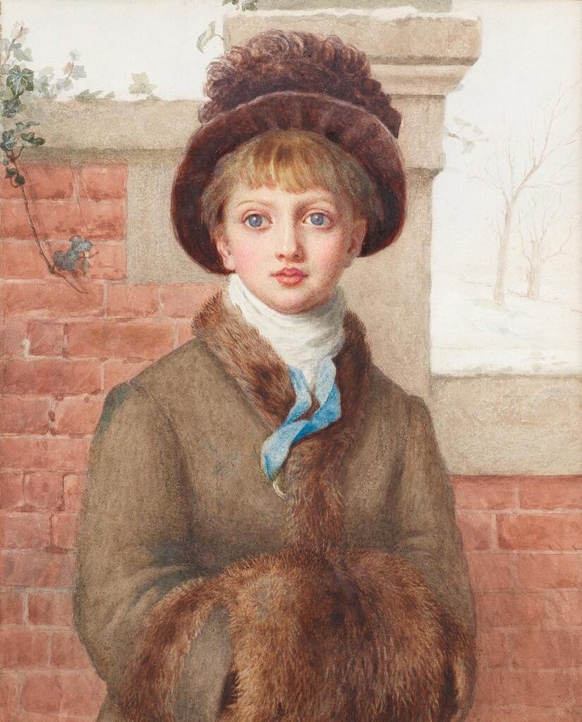 Winter: A girl with a hat, fur trimmed coat, fur muff and a blue ribbon