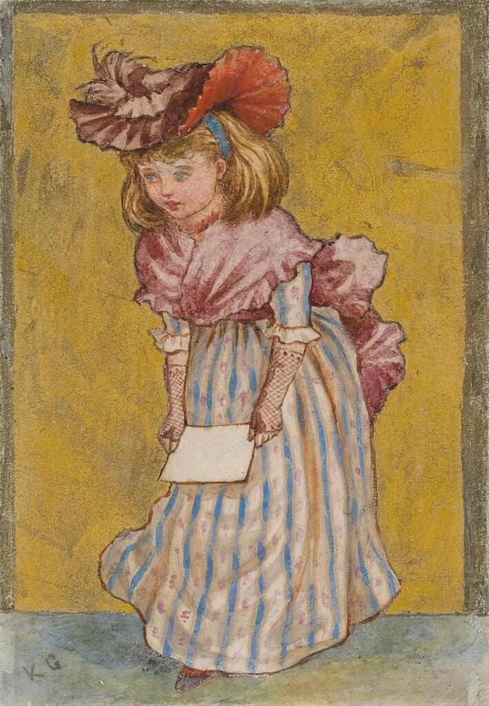 A pair of original illustrations of a little girl bowing, and little boy in Van Dyck costume