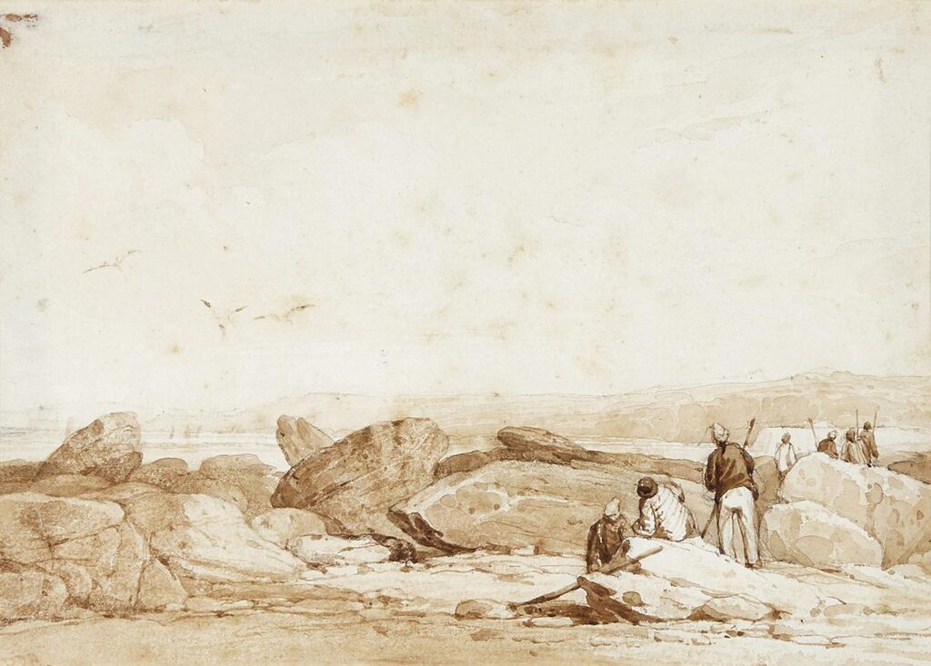 Figures on a rocky shoreline