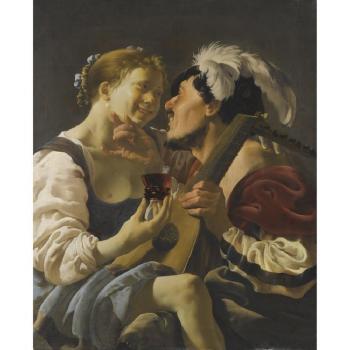 A Luteplayer Carousing With A Young Woman Holding A Roemer