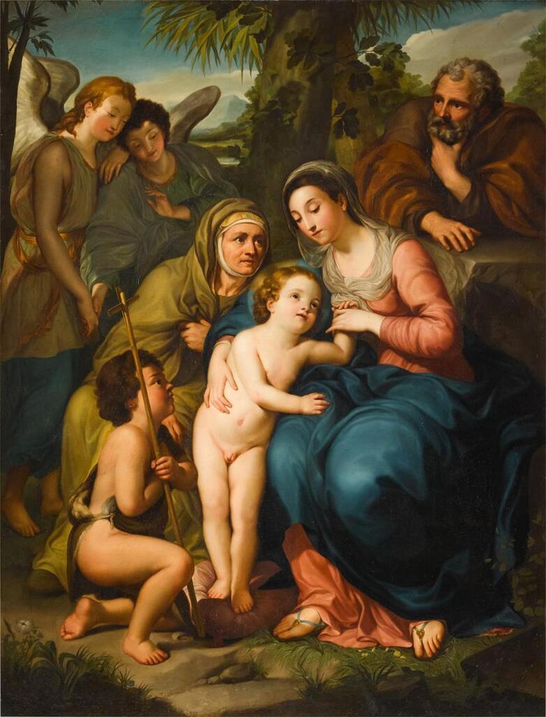 The Holy Family with Saint Elizabeth, the infant Saint John the Baptist and two angels, in a landscape