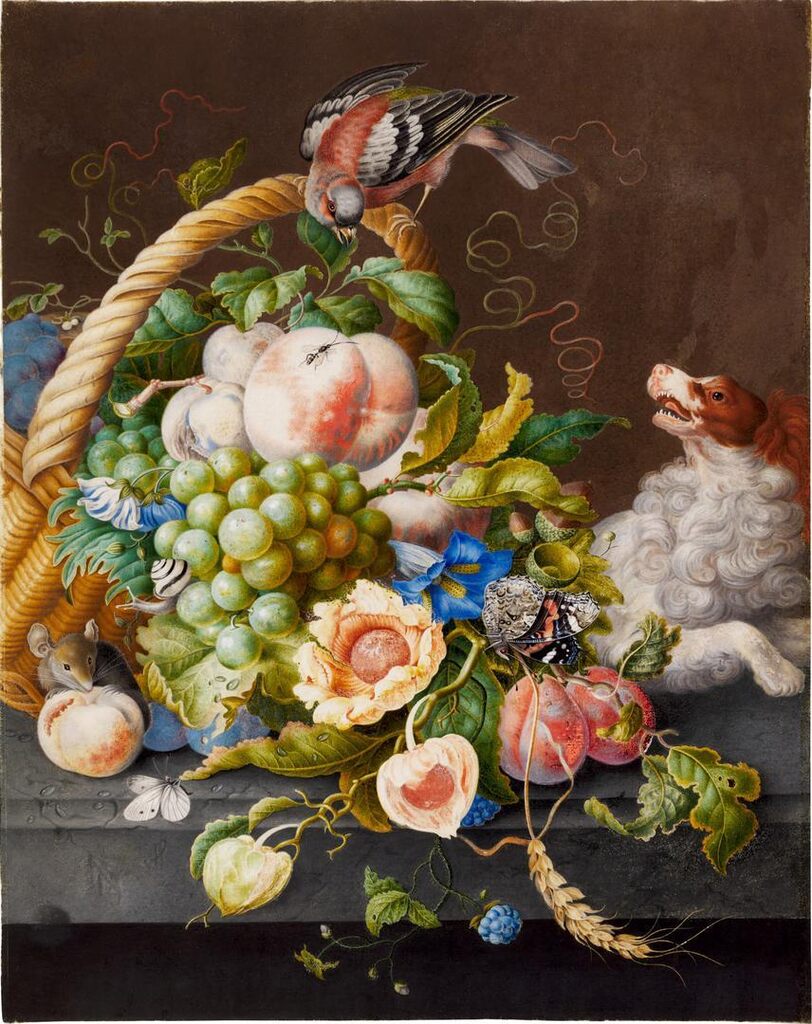 A basket with flowers in a stone niche, with a barking dog and a bird