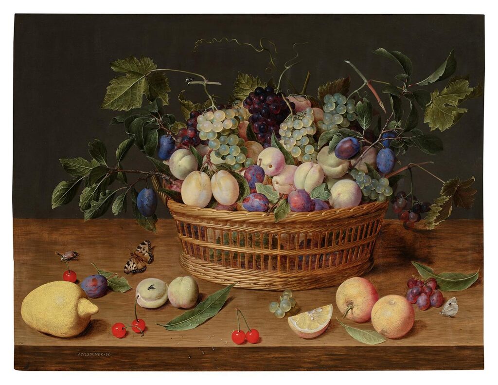 Still Life of a Basket of Fruit on a Wooden Tabletop