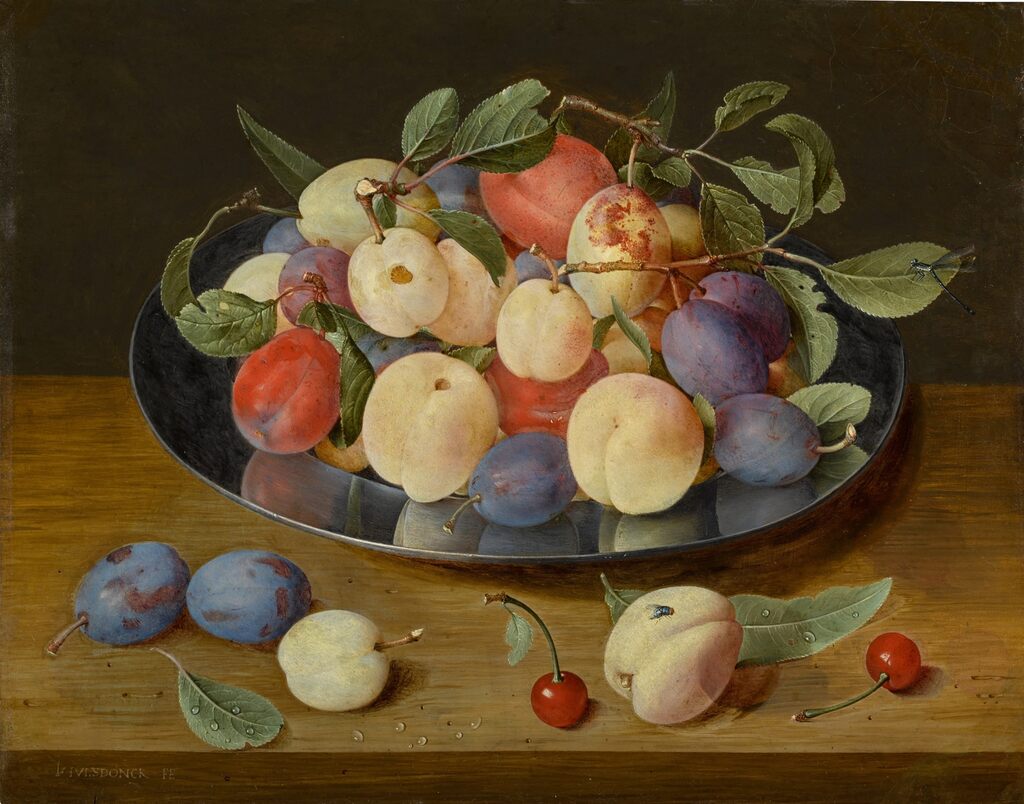 Still life of plums and peaches on a pewter plate, with plums, a peach and cherries, all on a table