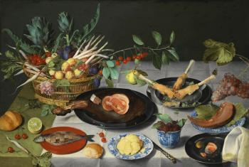 A Still Life With Artichokes, Radishes, Asparagus, Plums, Cherries And Peaches In a Basket..