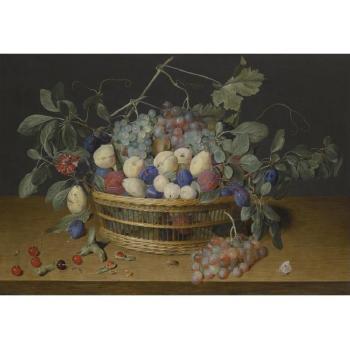 Still Life With Plums, Grapes And Peaches In A Wicker Basket, With Cherries, Hazelnuts, A Beetle And A Butterfly On The Wooden Tabletop Beneath