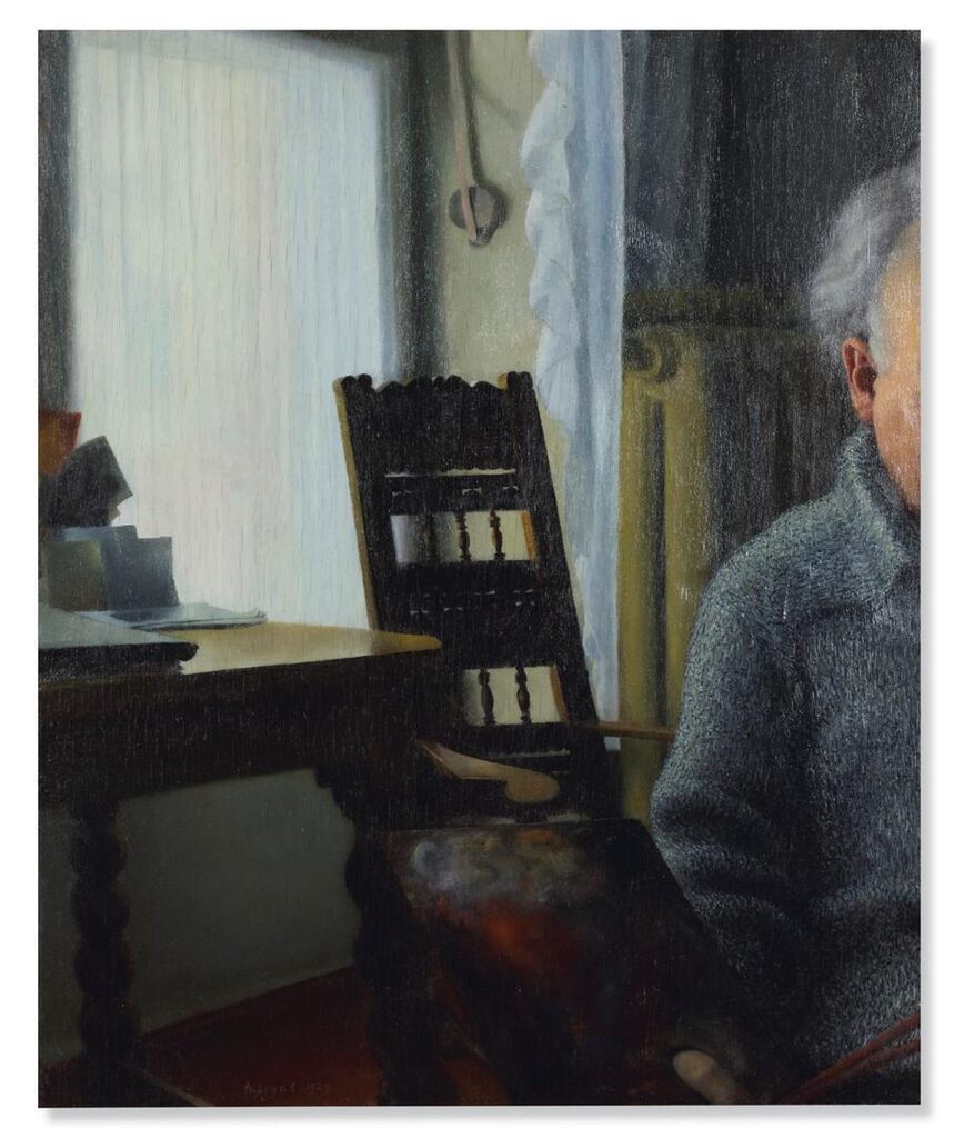 Interieur mit Fenster und Figur