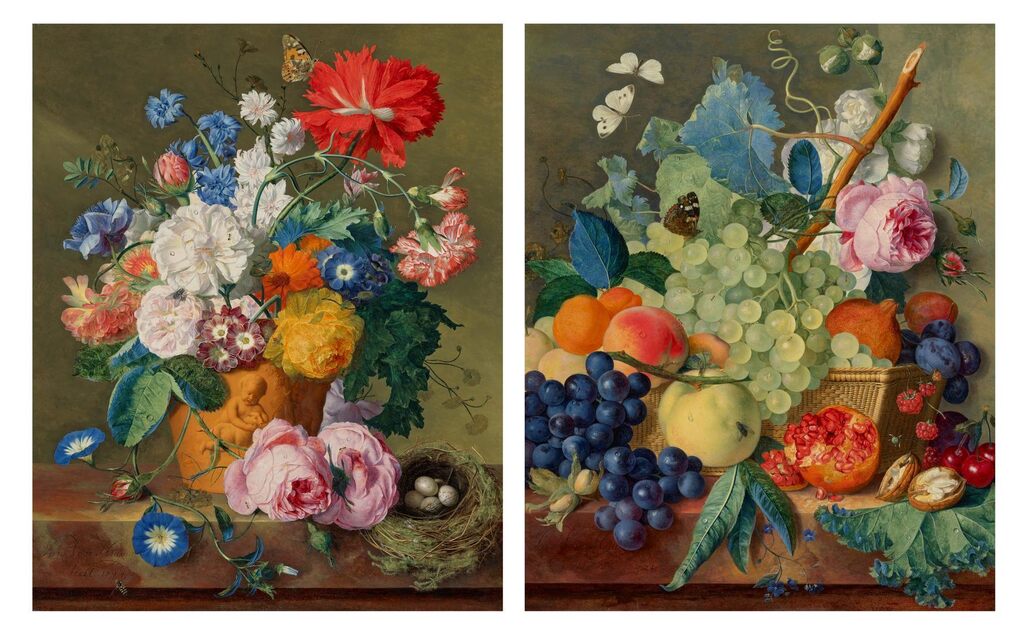 Roses and other flowers in a terracotta vase with a bird’s nest on a marble ledge; and Fruit, roses and peonies in a basket with hazelnuts on a marble ledge