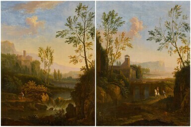 An Italianate river landscape with a waterfall and a figure on a path; and An Italianate river landscape with travellers crossing a bridge and a figure on horseback