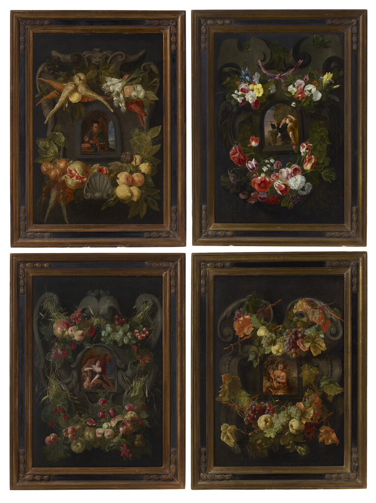 Allegories of the Four Seasons surrounded by garlands of seasonal flowers and fruits