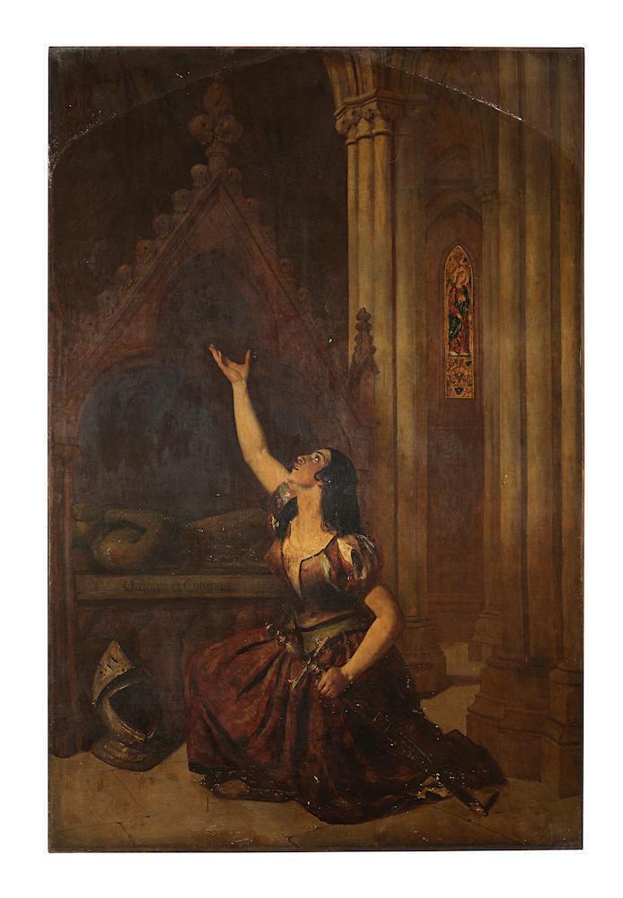 Joan of Arc, on finding the sword she had dreamt of, in the church of St. Catherine de Fierbois, devotes herself and it to the service of God and her country