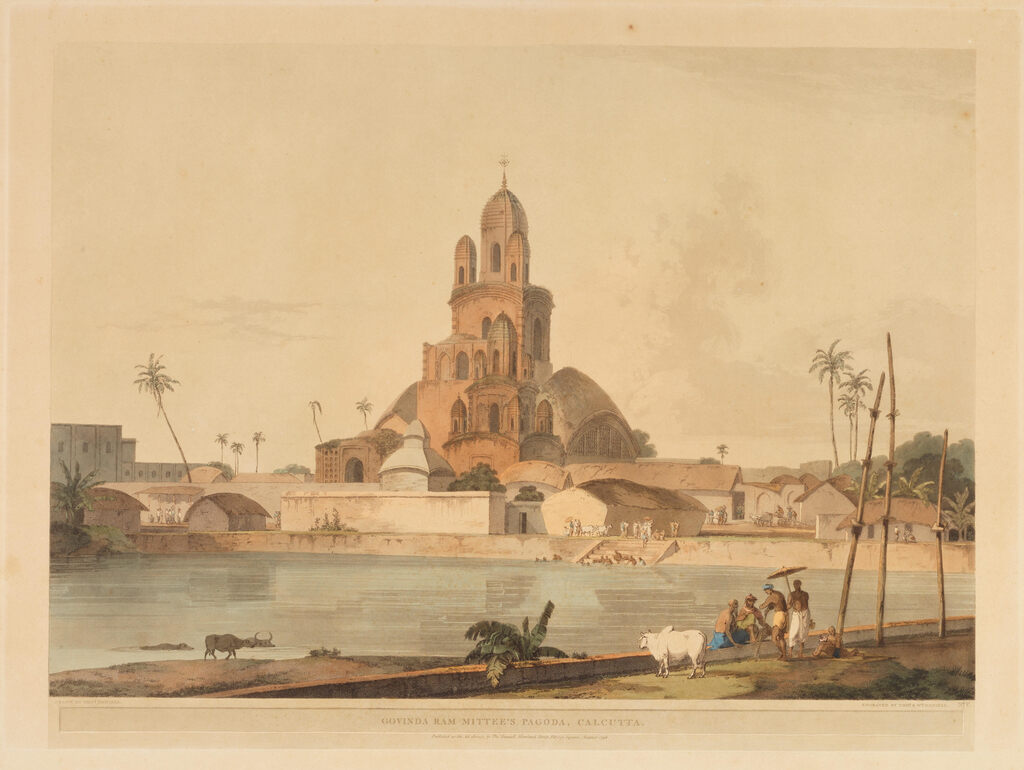 "The Council House, Calcutta"; "Govinda Ram Mittee's Pagoda, Calcutta" pair of hand-coloured aquatint views by Thomas and William Daniell after Thomas Daniell, some toning and light spotting, Published by T. Daniell, February and