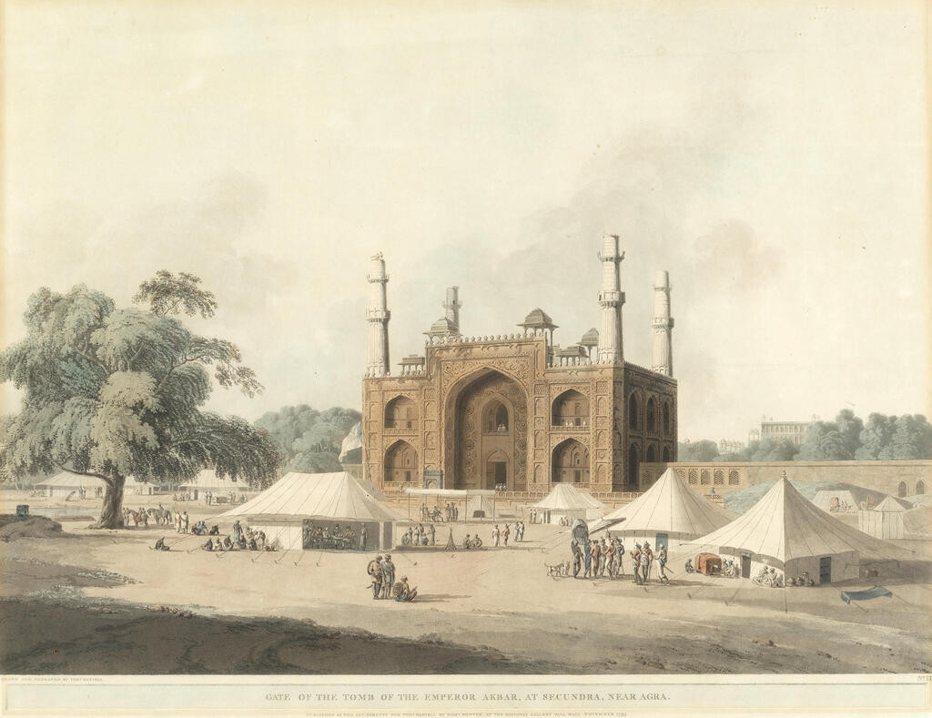 'Gate of the Tomb of the Emperor Akbar, at Secundra, near Agra' hand-coloured aquatint