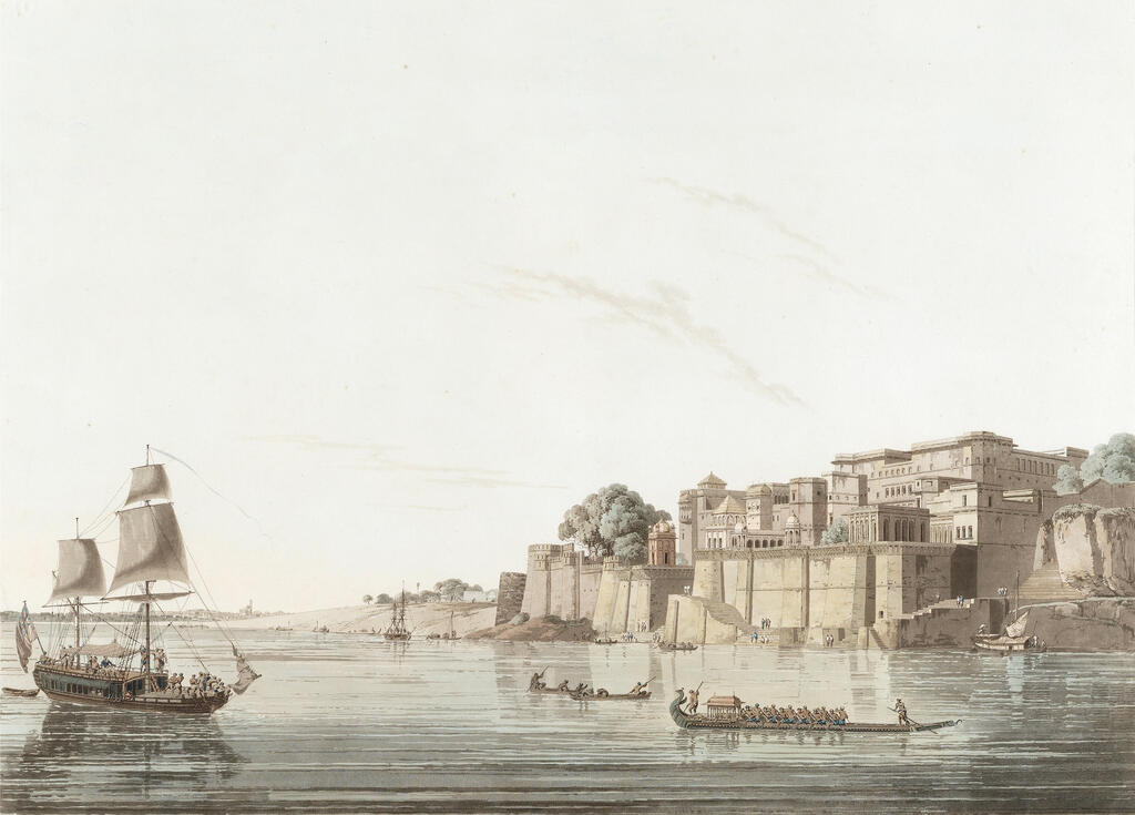 'Ramnugur, near Benares, on the River Ganges' hand-coloured aquatint