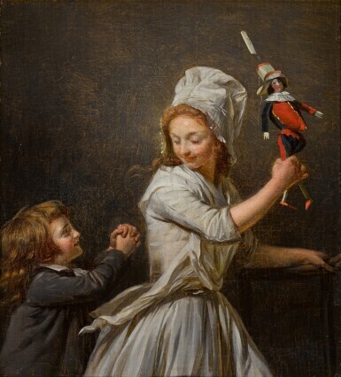 A young boy pleading with his older sister for the return of his Polichinelle puppet