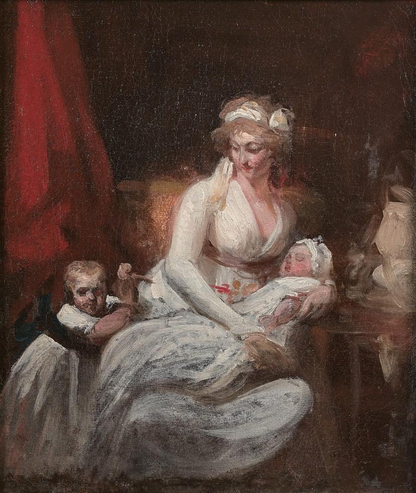 Portrait of a mother and her two children in an interior