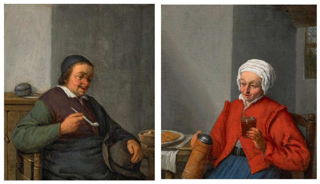 A man holding a pipe, in an interior; and A woman holding a jug and a glass of beer, in an interior