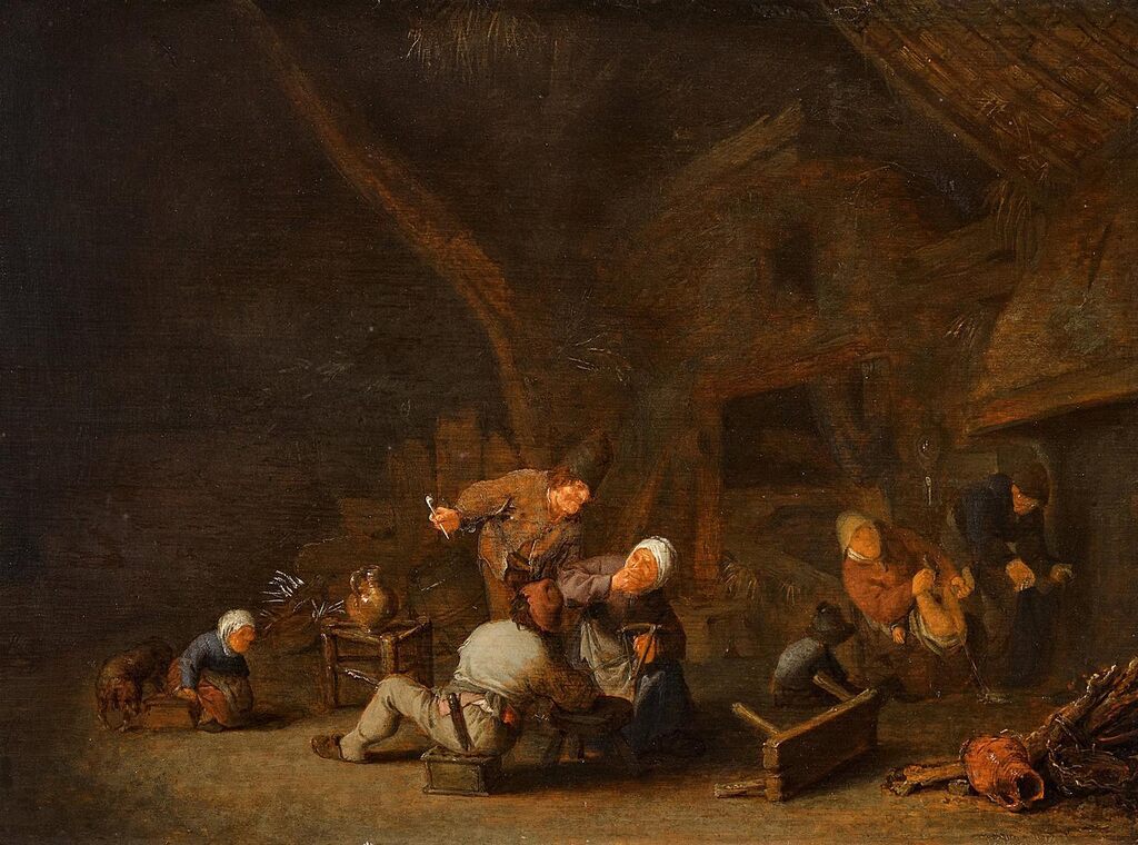 Interior of a barn with peasants carousing ('The sense of smell')