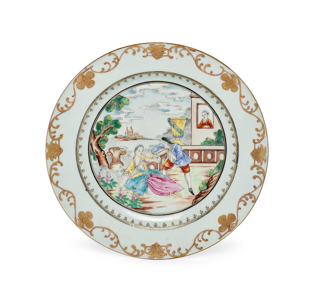 A famille rose and gilt European-subject 'Servant Justified' plate