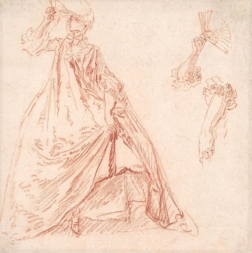 Elegant woman holding a fan and two hand studies