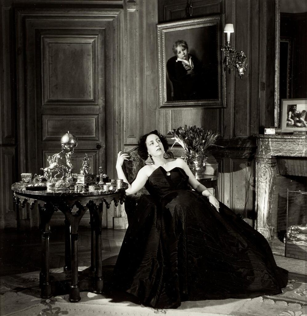 Le Vicomtesse de Noailles Marie-Laure Wearing a Jacques Fath Gown in Her Living Room