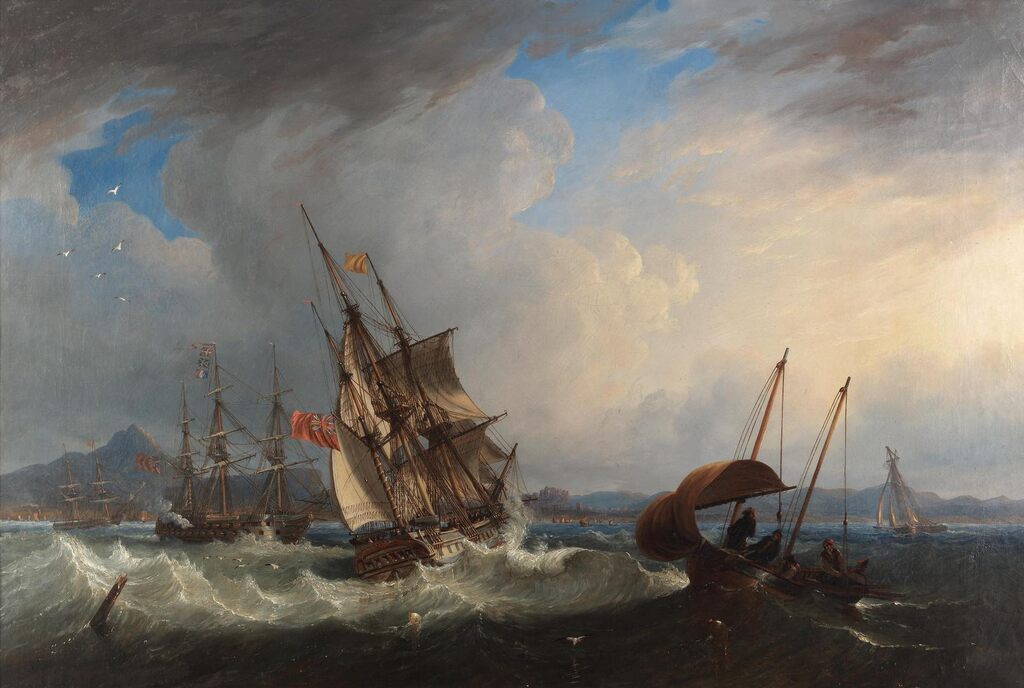 Ships-of-War caught in a riptide off Leith, with Edinburgh beyond