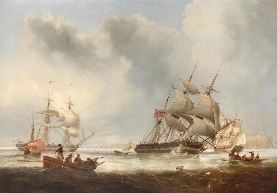 The newly commissioned Newcastle barques Favourite and Majestic passing in the approaches to South Shields, with the ruins of Tynemouth Priory atop the cliff beyond