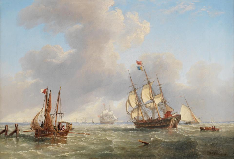 A busy shipping channel with a frigate-built ship, a fishing boat and other shipping