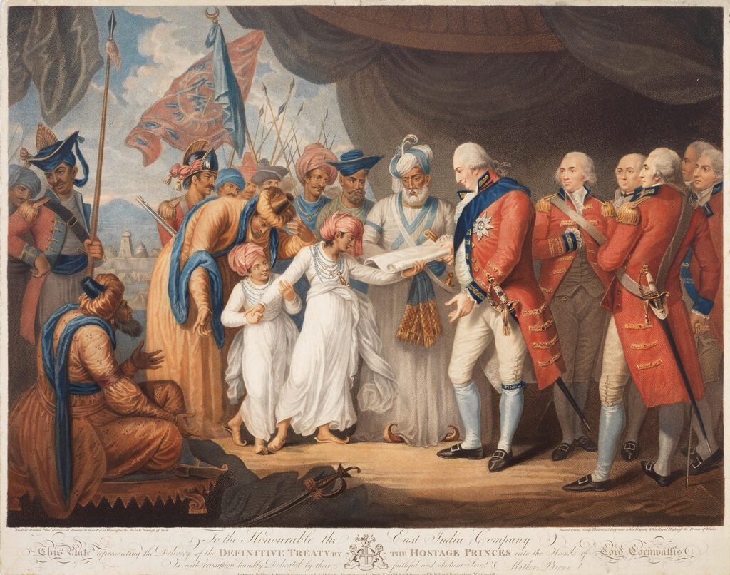 "The Departure of the Sons of Tippoo from the Zennana..."; "The Definitive Treaty by the Hostage Princes into the Hands of Lord Cornwallis" hand-coloured aquatint plates by F. Bartolozzi (first), and Daniel Orme after Brown, cropped within platemark (just touching publication details of second mentioned), Published by D. Orme