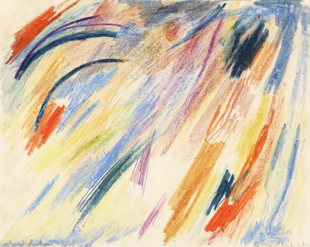 Else Alfelt: Landscape. Signed Else Alfelt 5/10-46. Coloured crayon on paper. Sheet size 22 x 27 cm