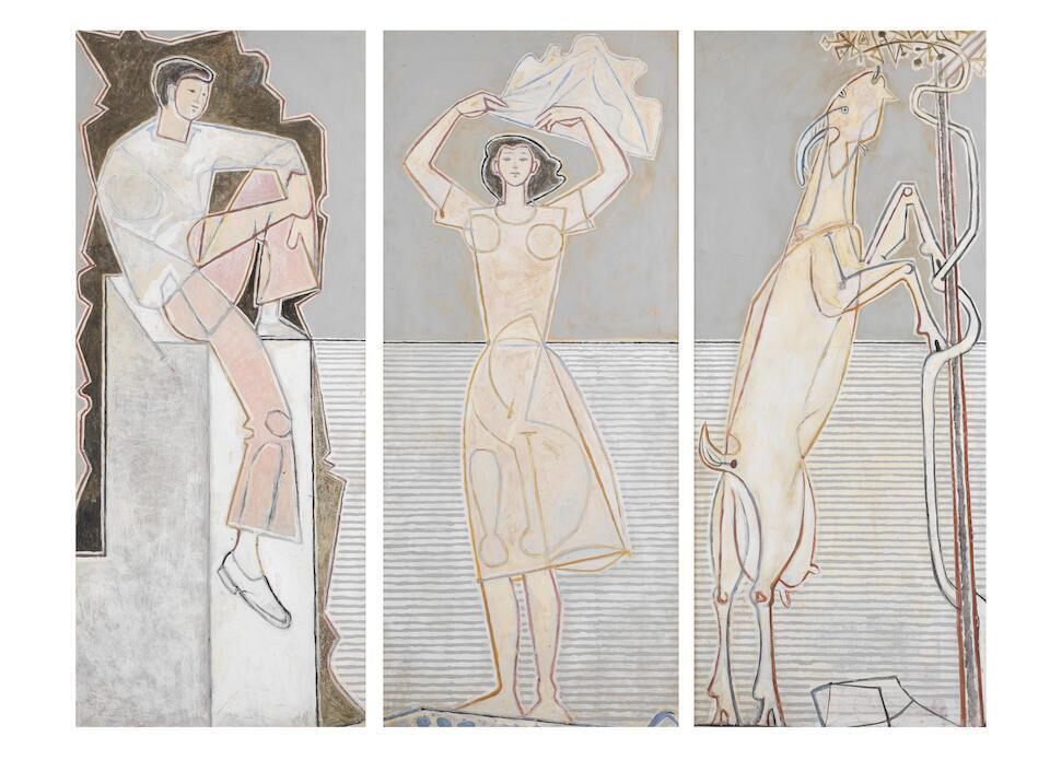 Summer Triptych (Boy on Wall, Girl on the Seashore, Goat and Tree)