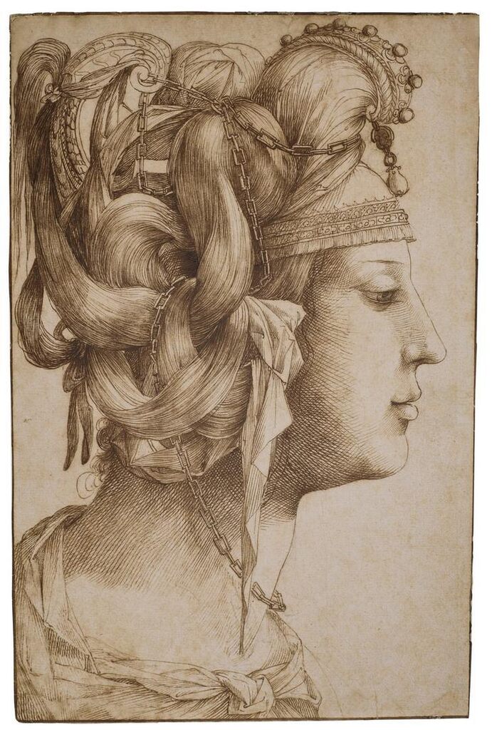 The head of a woman in profile to the right, wearing an elaborate headdress with a pearl resting on her forehead